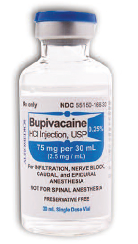 The company’s bupivacaine vial also has a blue cap .