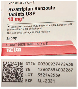 Figure 1. Few US practitioners would understand this expiration date (April 30, 2021, bottom) on the side panel of rizatriptan packaging (top). 
