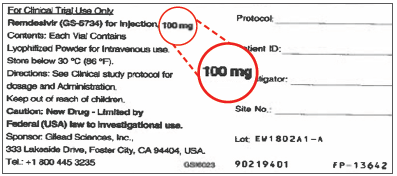 Figure 1. Label on vial of remdesivir lyophilized powder notes that it contains 100 mg.