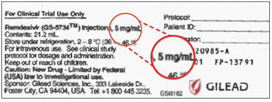 Figure 2. Label on vial of remdesivir injectable solution does not indicate the total amount (100 mg) of drug in each vial; instead, it lists a per mL amount (5 mg/mL) and below that, the total contents of the vial, 21.2 mL, which can be easily missed.