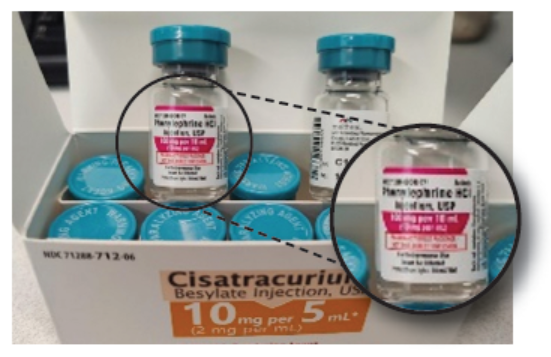 Figure 1. Carton labeled properly as cisatracurium; however, the vials which contain cisatracurium are mislabeled as phenylephrine.