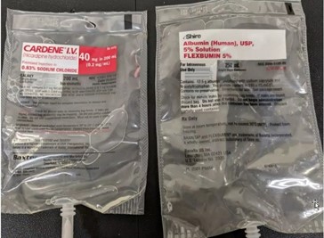 Figure 1. Look-alike Cardene (niCARdipine) 40 mg/200 mL (left) and Flexbumin (albumin human) 5% solution 250 mL (right) infusion bags. 