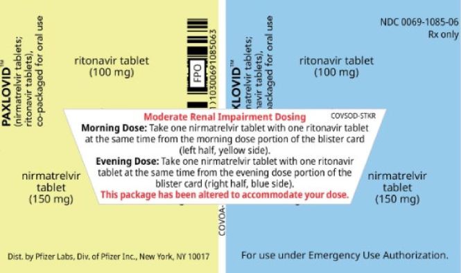 Figure 2. A pre-printed sticker with dosing instructions (provided by the manufacturer) is placed over the empty blisters where the nirmatrelvir tablets were removed for patients with moderate renal impairment.